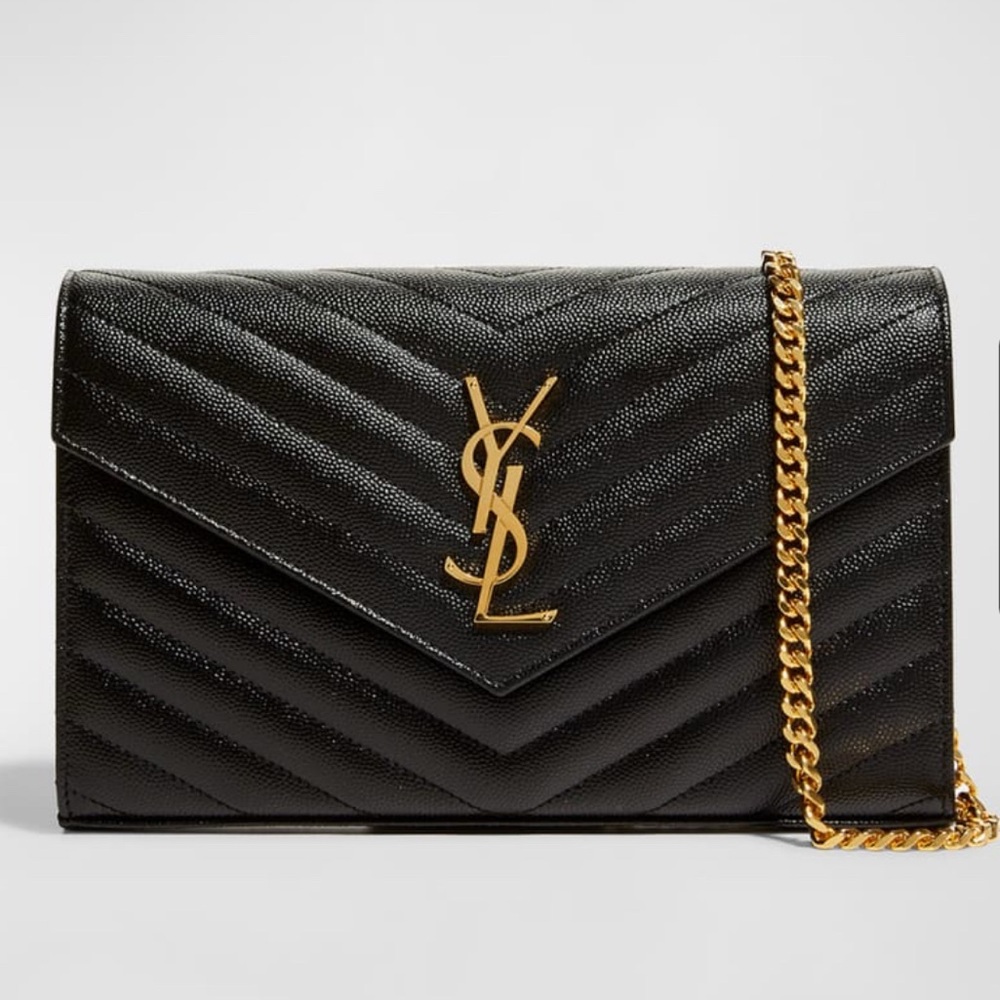 Saint Laurent Classic Cassandre Chain Wallet in Grain de Poudre Leather